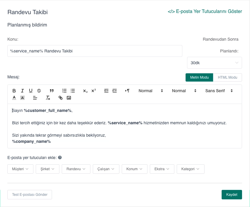 Randevu Takibi için E-posta Şablon Örneği